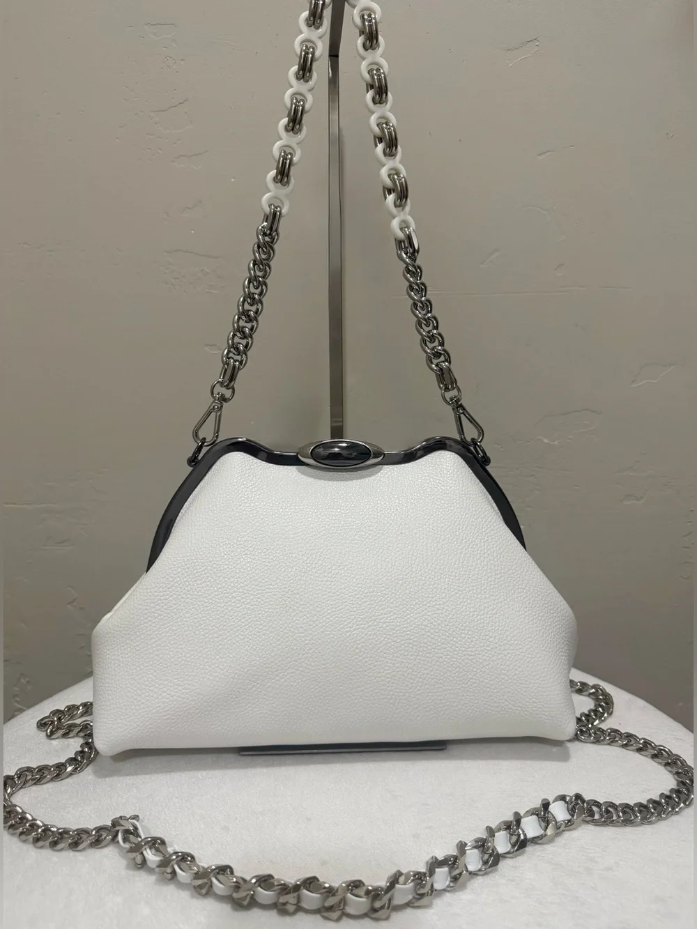 White Pebble Cowhide Handmade Custom Metal Frame Shoulder Bag, With 2 Straps